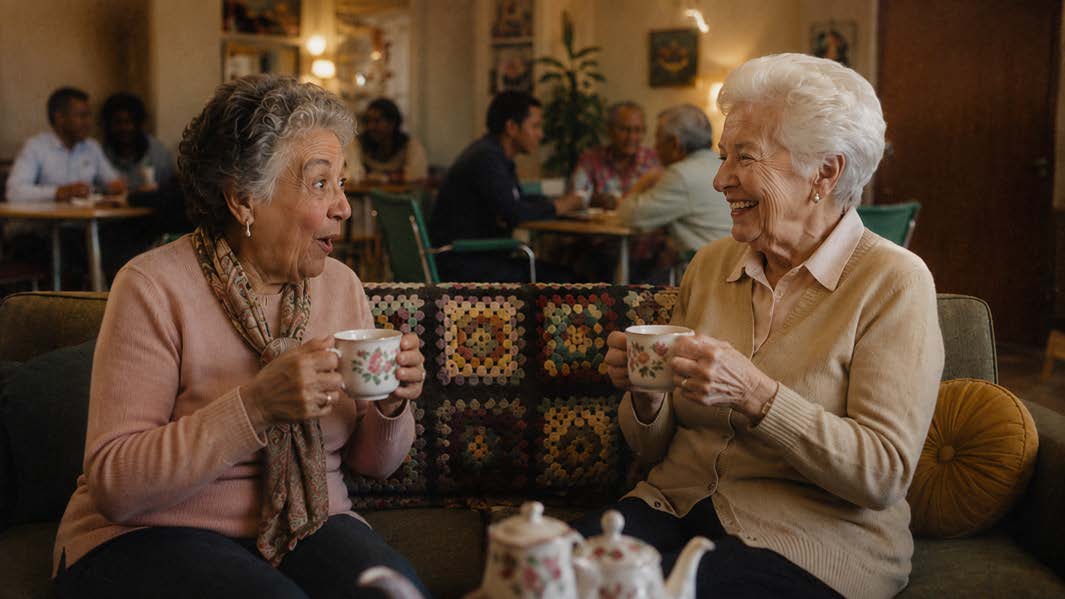 Two Retrova members sharing tea and laughing
